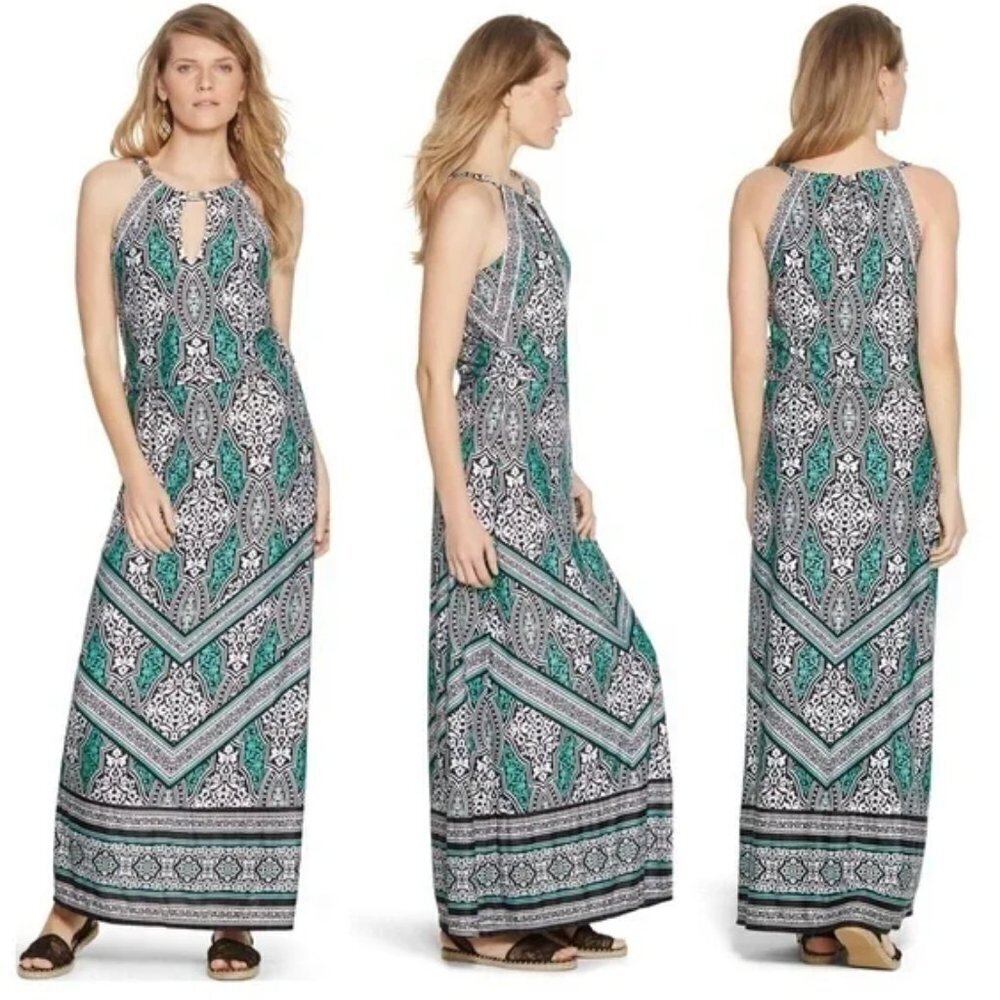 White House Black Market Sleeveless Blouson Geo Print Maxi Dress Medium M